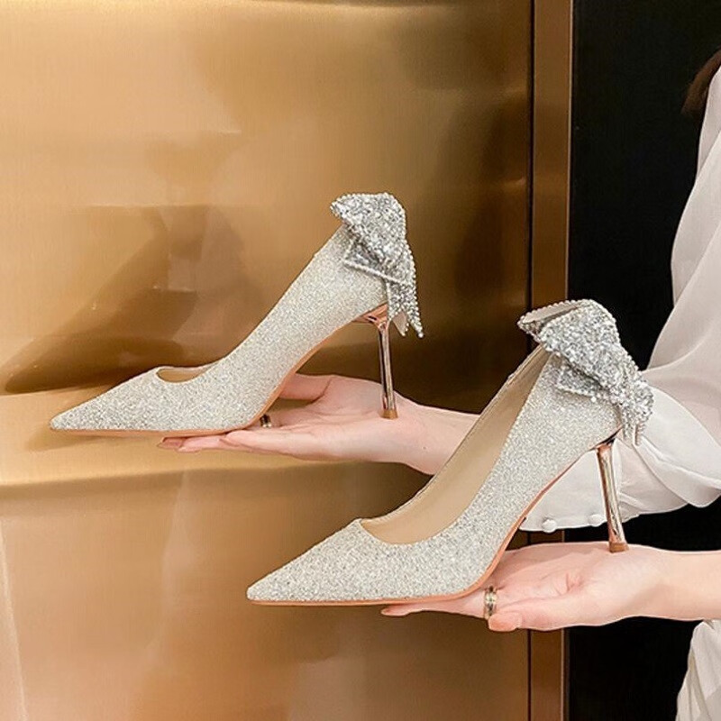 足姿媚(zuzimei)婚鞋蝴蝶结尖头高跟鞋女新款细跟法式水晶成年礼十八