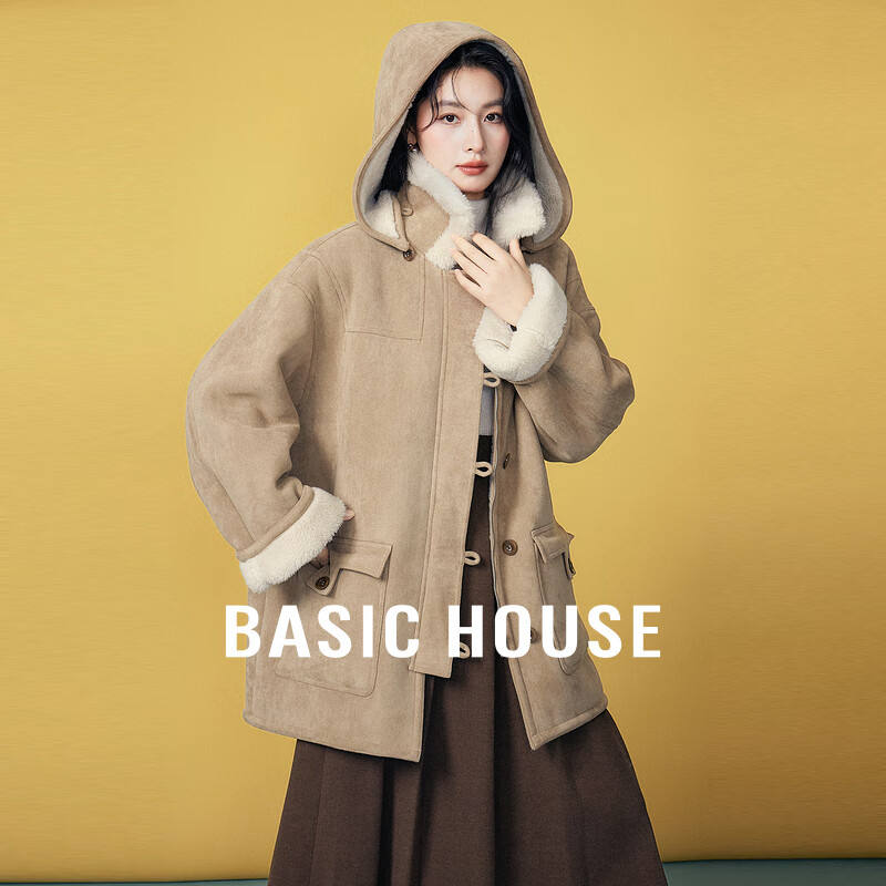 Basic House/百家好纯色皮毛一体加绒外套冬季保暖连帽中长款上衣 卡其 S