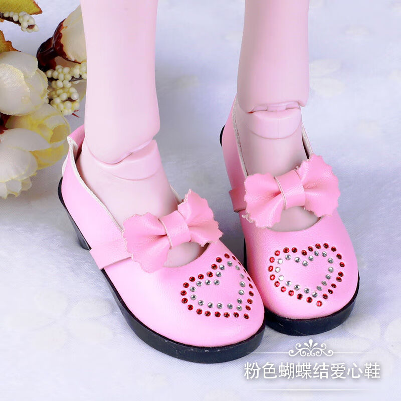 的鞋夜萝莉冰灵公主芭比娃娃高跟鞋3分bjd/sd娃鞋 粉色蝴蝶结爱心鞋