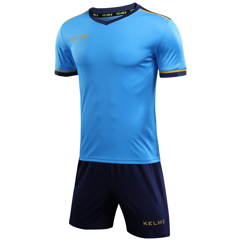 KELME /卡爾美職業(yè)足球服套裝男透氣學(xué)生組隊球衣比賽定制隊服 熒光藍(lán)/深藍(lán) XL