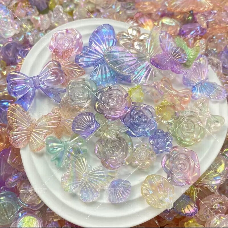 XKJ奶油胶小配件水晶花新款巴洛克diy饰品七彩渐变混装配件手机壳 极光七彩玫瑰混装 50个