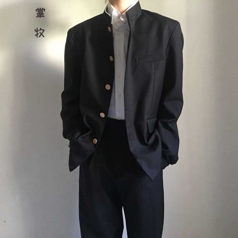 中式唐装改良汉服中国风男装dk制服一套中山装男热血高校服日系jk西服男外套学院风西装男套装 黑色西服(无胸牌) 2XL属于什么档次？