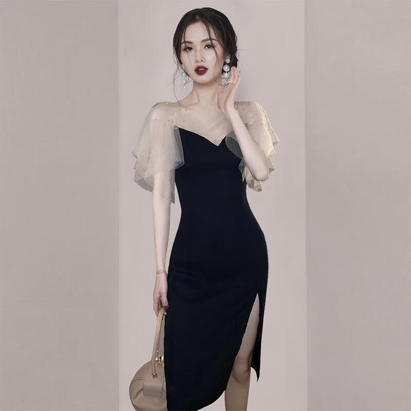 颜熏末女人味高贵优雅气质淑女包臀裙子夏装新款黑色开叉短袖连衣裙