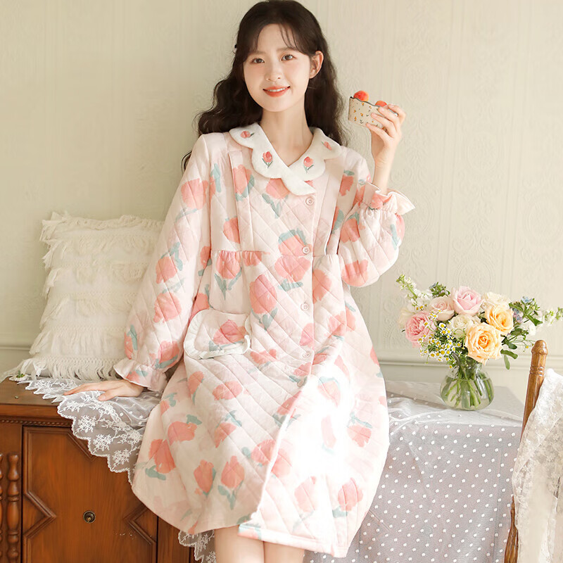 富朵（fuduo）秋冬空氣棉加厚哺乳睡裙產(chǎn)后坐月子保暖孕婦待產(chǎn)裙春秋家居裙 奶油郁金香睡裙奶昔粉 FD041 S【適合85-105斤左右穿著(zhù)】