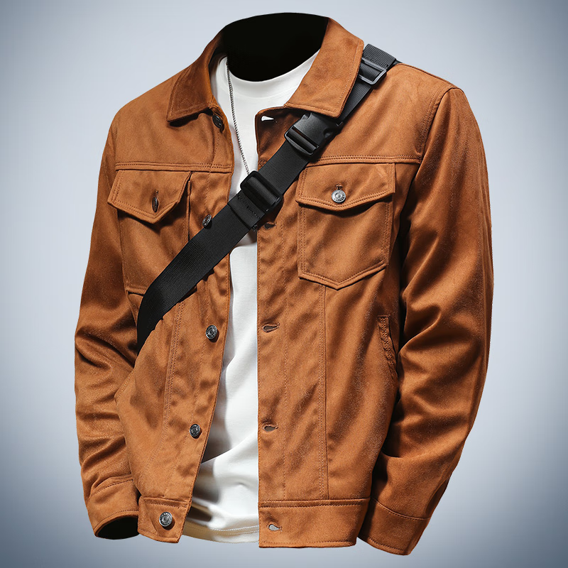 季言2023款工装复古麂皮绒夹克男修身百搭翻领休闲秋季外套男潮高级感 咖啡色 M