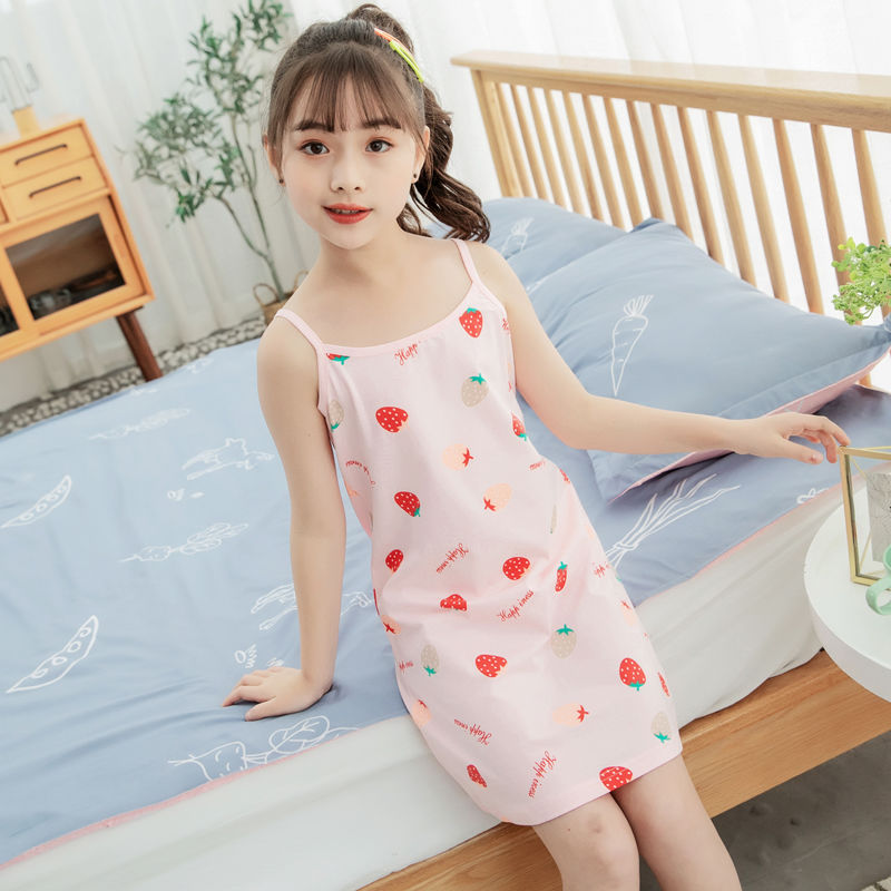 女童夏季棉睡衣公主无袖吊带裙小女孩薄款睡裙中大童儿童空调服 彩色