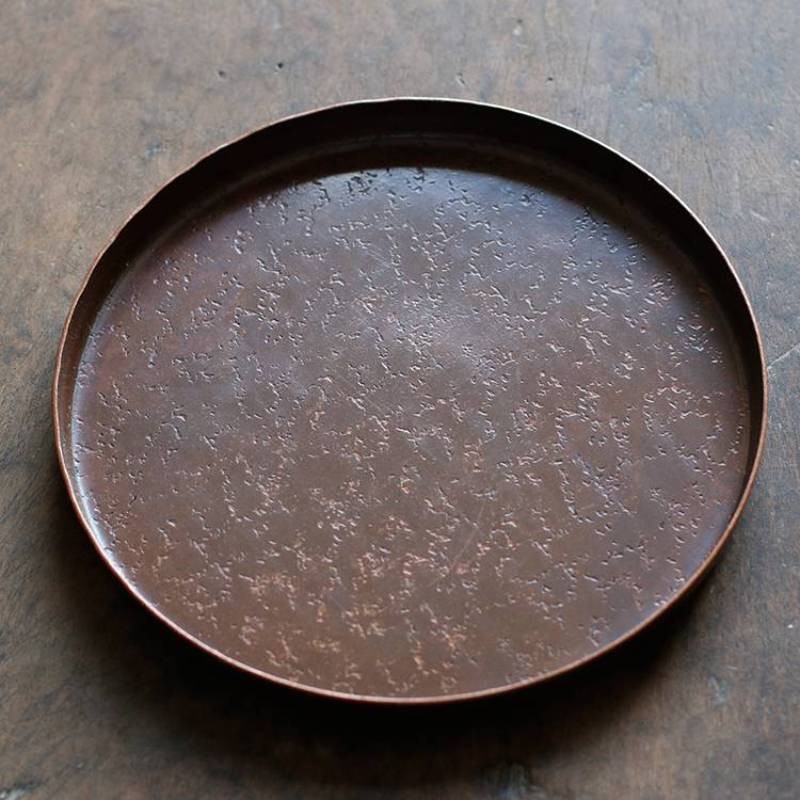 皿客纯紫铜锻打锤纹海棠小号干泡盘茶台壶承单层圆形储水茶盘功夫茶具