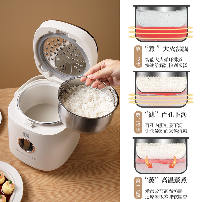 石崎秀儿日本 低糖电饭煲 降淀粉糖饭煲 电饭锅 米汤分离沥米饭1-2-3-4人家用2L多功能双胆不粘迷你米饭锅 胡椒白【新升级 降低淀粉含量41.4%】 2L