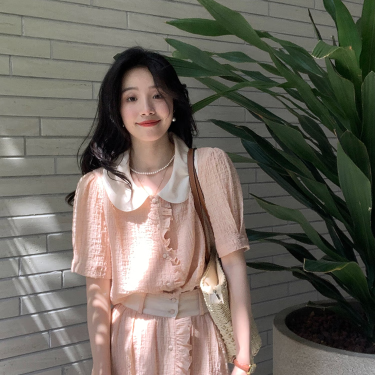 潮裘夏季套装女高档气质洋气千金风短袖连衣裙西柚粉娃娃领上衣半裙巨