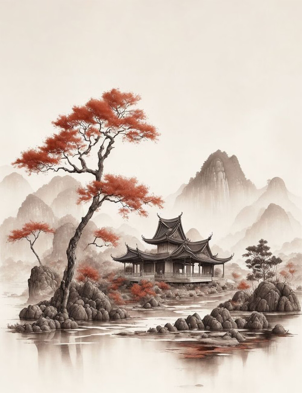 北保娇新中式纯手绘油画中古风玄关装饰画客厅抽象山水风景肌理枫树挂