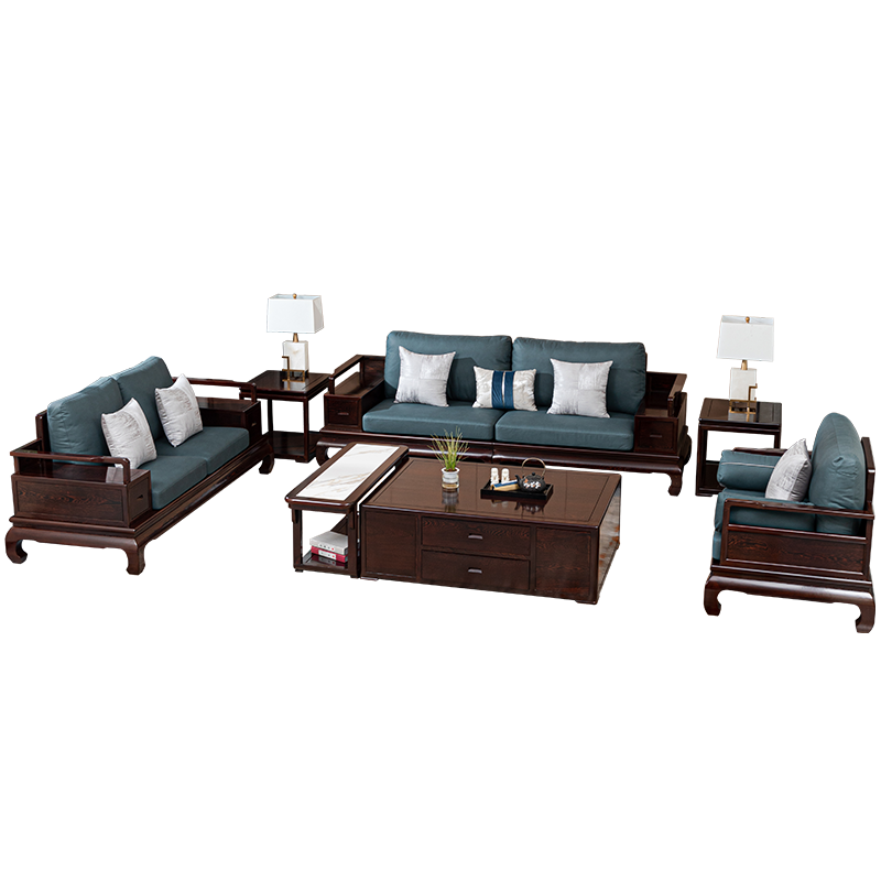 木中央 红木家具 非洲鸡翅木(学名非洲崖豆木)新中式沙发组合 全实木沙发客厅家具套装靠垫大中小户型 七件套:三人+双人+单人+2角几+大平几组合