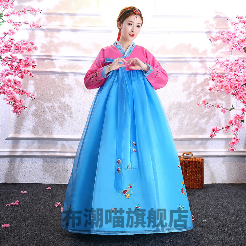 舞蹈延吉少数民族服饰韩服舞族演出服鲜族练习裙 粉衣蓝裙 s 胸围85cm