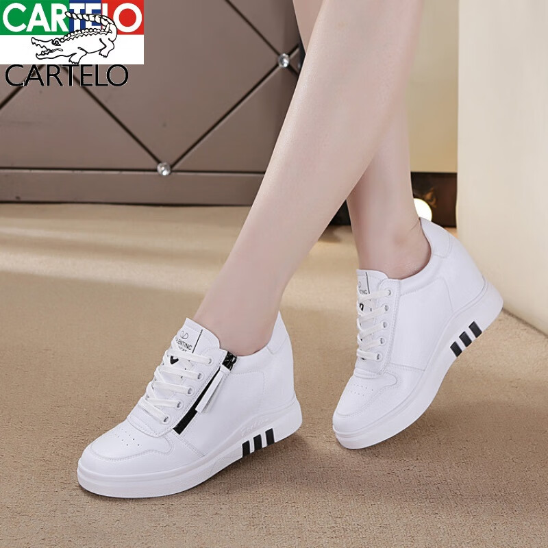 卡帝乐鳄鱼高档轻奢内增高女鞋秋冬新品休闲鞋厚底小白鞋女系带坡跟