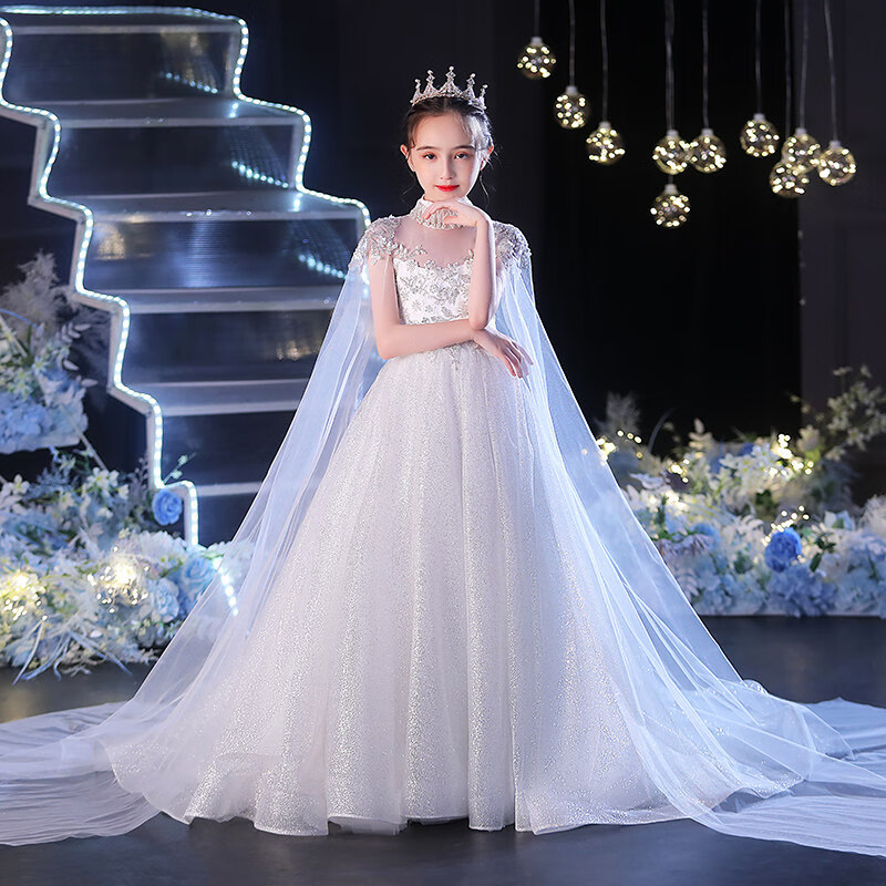 乖奇奇女童拖尾晚礼服公主裙花童婚纱高端儿童小主持人秋款洋气钢琴演奏演出服冬季活动表演服 齐地款 150cm(150cm)怎么看?