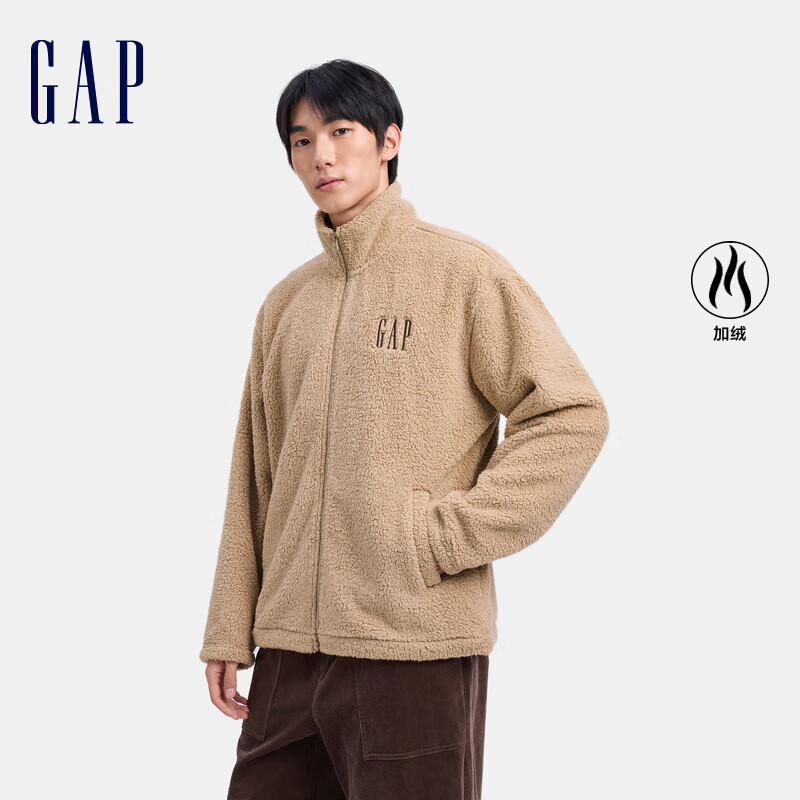 GAP男女装字母logo加绒立领卫衣保暖休闲风外套 浅卡其 175/96A(L)亚洲尺码