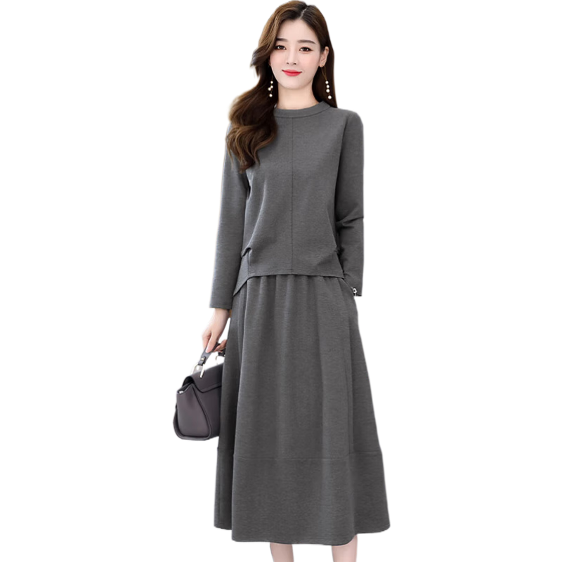 楚馨2026春秋季新款女裝時尚氣質寬松女士套裝長袖連衣裙中長款裙子 灰色 2XL (135到145斤)