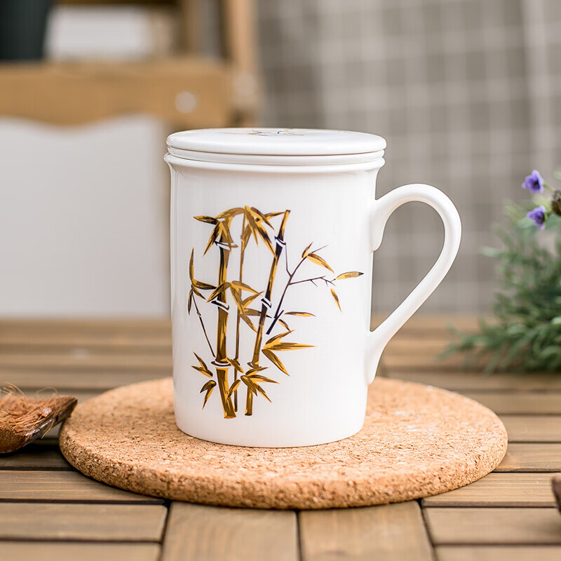 瑞玖(ruijiu) 瑞玖 唐山骨瓷纯白平盖茶漏杯陶瓷杯子水杯带过滤茶杯带