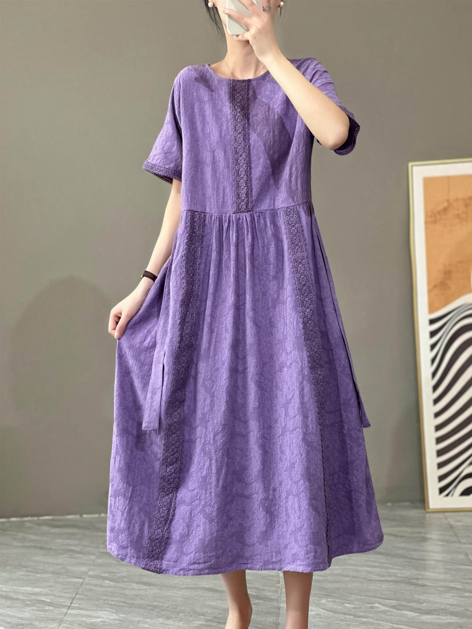 潮韵月棉麻连衣裙 亚麻裙子高档中年女士夏季提花蕾丝拼接 紫色 均码