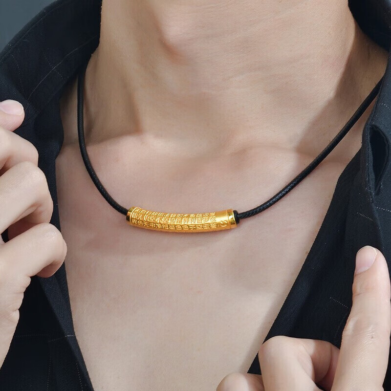 星诺菲老凤凰999足金弯管项链女六字真言心经管吊坠3d硬金情侣生日