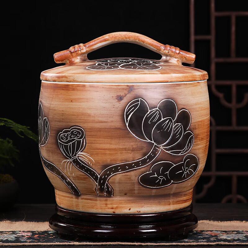 斤20斤30斤景德镇储米罐家用带盖油缸防潮防虫米桶水缸 荷花10斤 底座