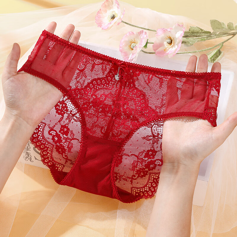 伊丝艾拉超薄蕾丝三角裤 新款透明速干中低腰内裤女薄款210111 红色 m