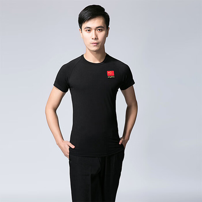 eaeovni夏新款拉丁舞服男黑色摩登舞短袖上衣t恤国标舞广场跳舞蹈练功