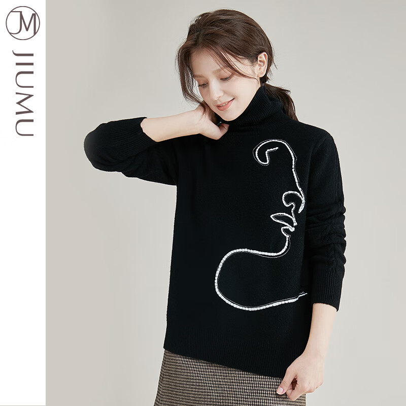 玖慕（JIUMU）100%纯羊毛高领毛衣女冬款宽松羊毛衫女士加厚针织衫保暖毛线衣女