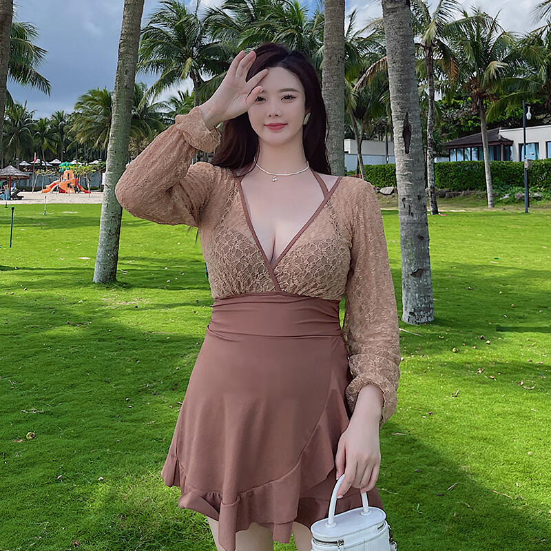 爱布童大码泳衣女遮肚200斤胖妹妹遮肉泡温泉显瘦连体性感高腰深v领