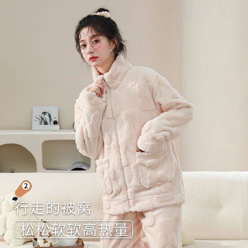 浪莎珊瑚绒睡衣女冬季加绒加厚新款法兰绒保暖女士可外穿家居服套装 米白兔纹竖领 L 【建议110-120斤】