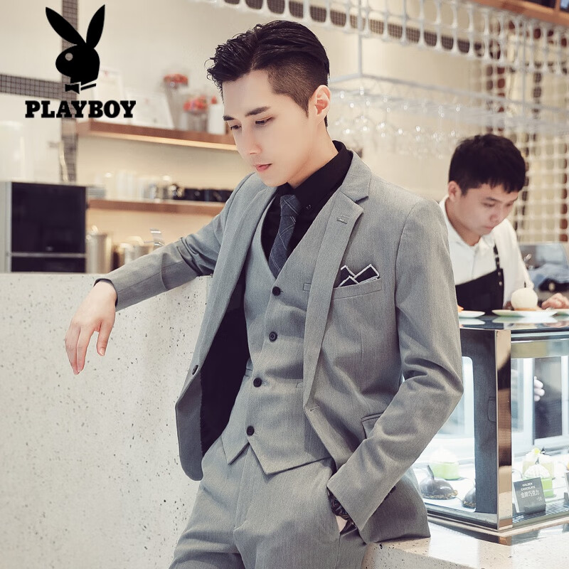 花花公子（PLAYBOY）休閑小西裝男套裝韓版修身商務(wù)正裝男士西服外套新郎結(jié)婚禮服 147淺灰色(西裝三件套送襯衫) M