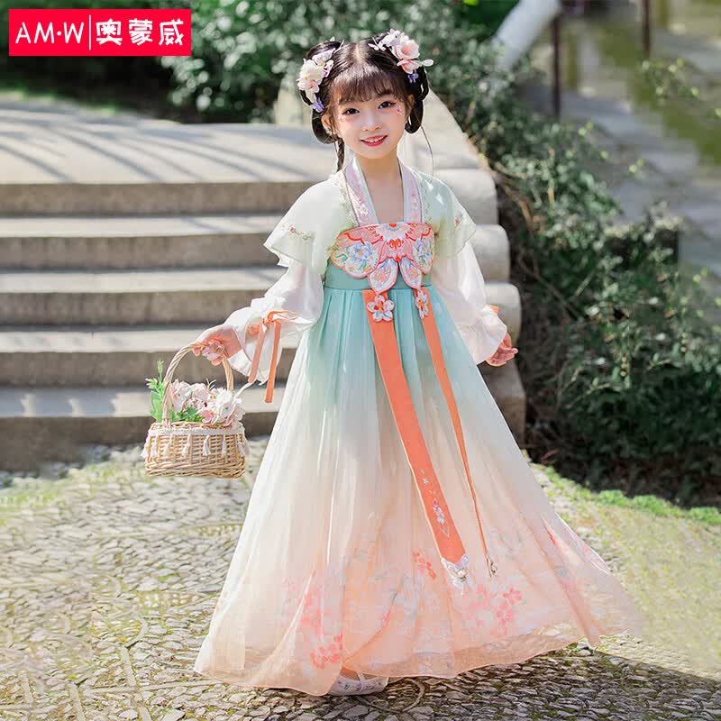 奥蒙威（AOMENGWEI）女童汉服夏季中大童中国风唐装古装儿童襦裙ER-MH-03蝶粉120高性价比高么？