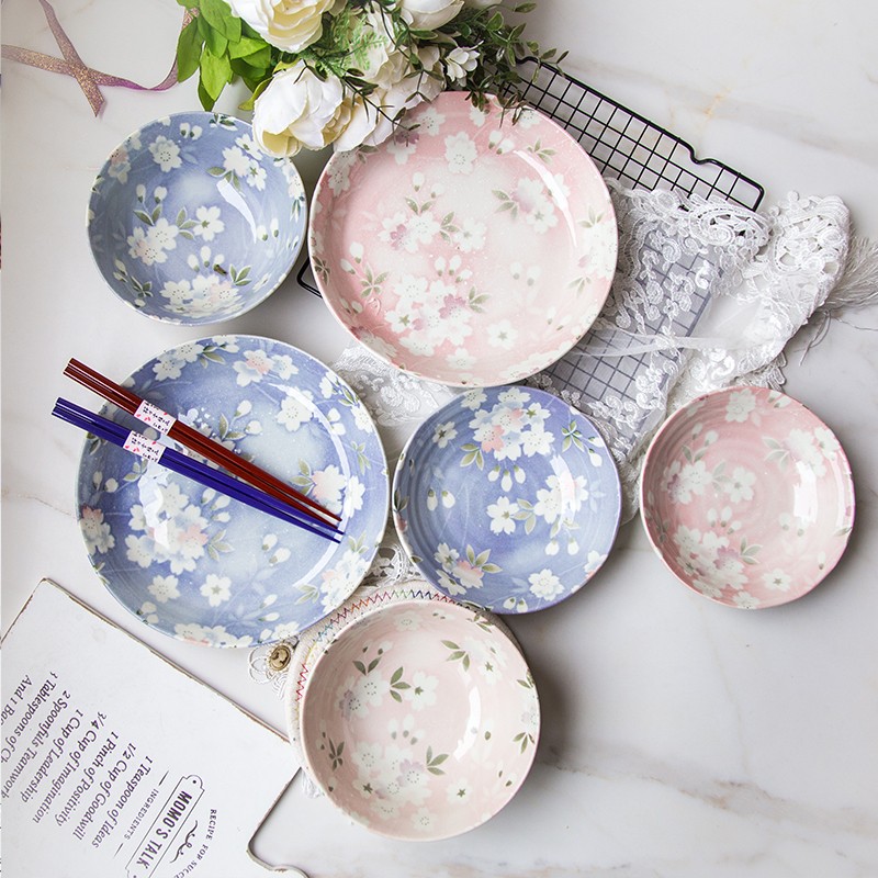 爱陶(aito)日本宇野千代联名款 樱吹雪系列 陶瓷饭碗汤碗深口碟竹筷