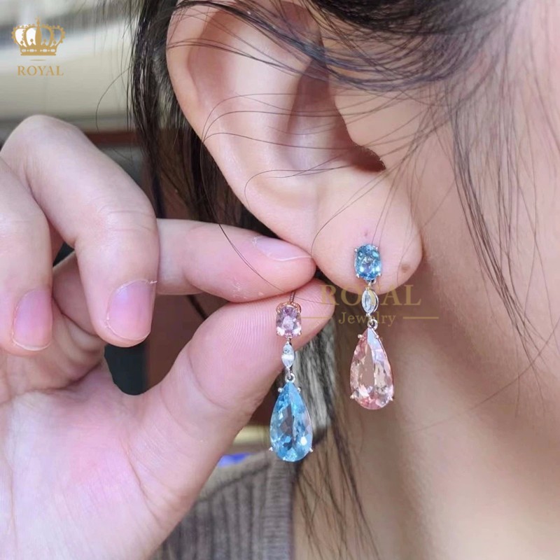 royalpick海蓝宝摩根石撞色耳环耳坠水滴形18k金送人女朋友老婆节生日