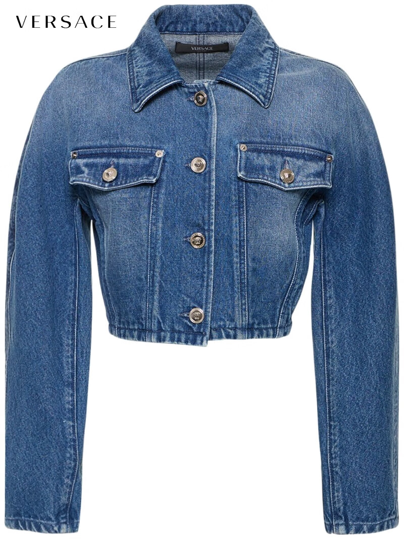 范思哲(versace)七夕礼物 女士logo纽扣短款牛仔夹克 蓝色 38 it