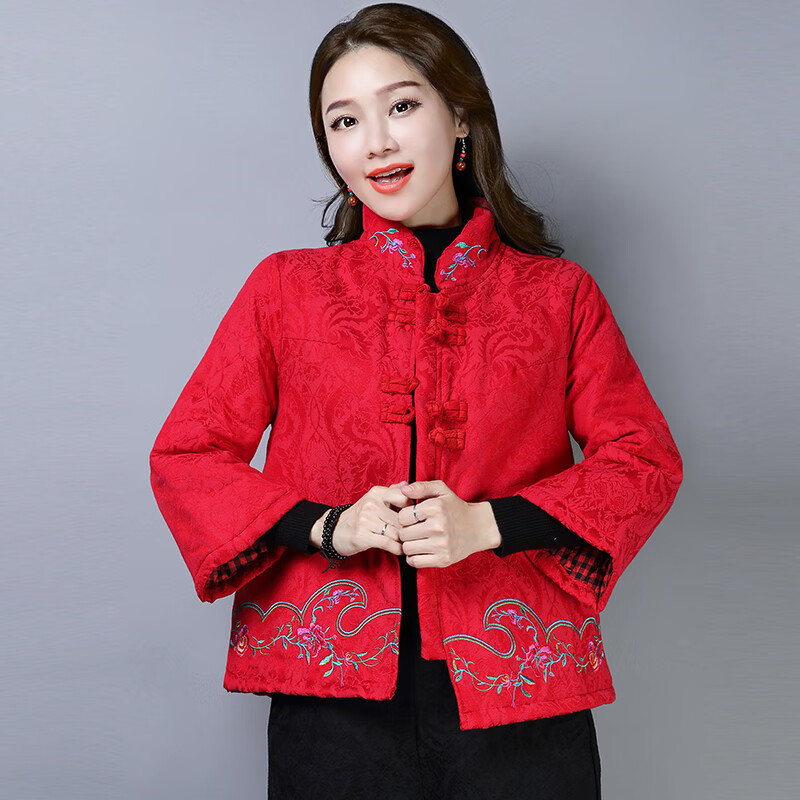 予瑾 中国风刺绣唐装外套女大码冬季新款复古提花盘扣加厚棉服棉衣