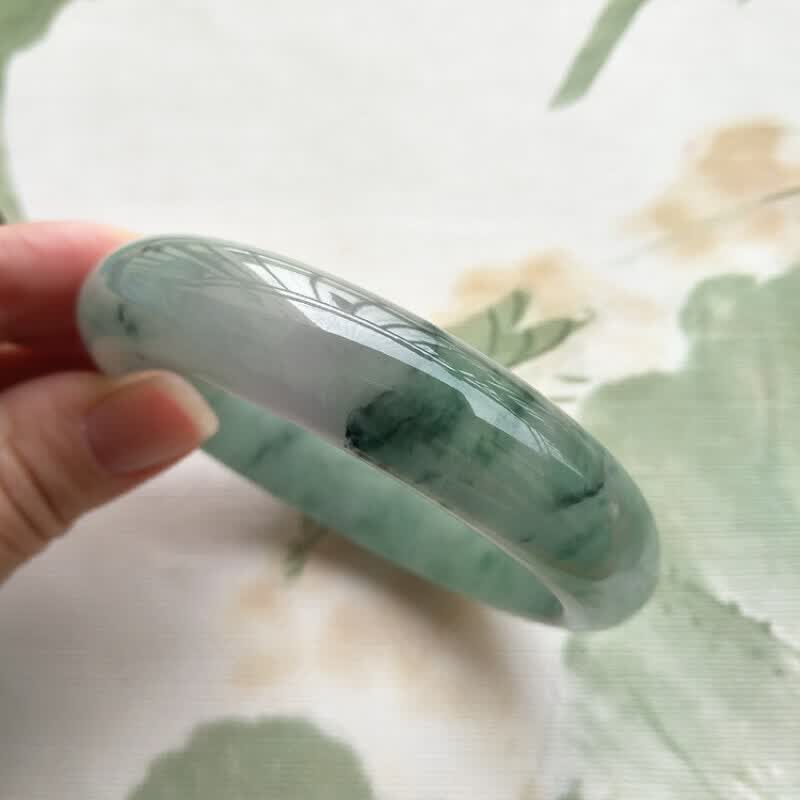 石头记缅甸翡翠手镯糯种飘兰花玉镯子细糯飘花贵妃镯满绿玉手镯 53cm