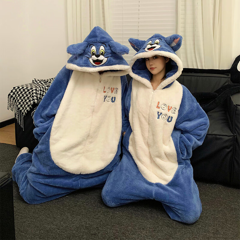 萧淑妃卡通连体法兰绒男女士睡衣冬季加绒加厚保暖连帽情侣珊瑚绒家居服 汤姆猫 女生M码