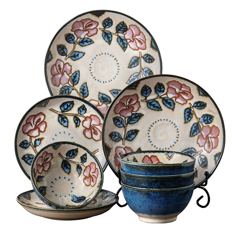 美濃燒 日本原裝進(jìn)口碗碟盤日式餐具手繪玫瑰花紋碗碟餐具 飯碗【12.0*6.0CM】