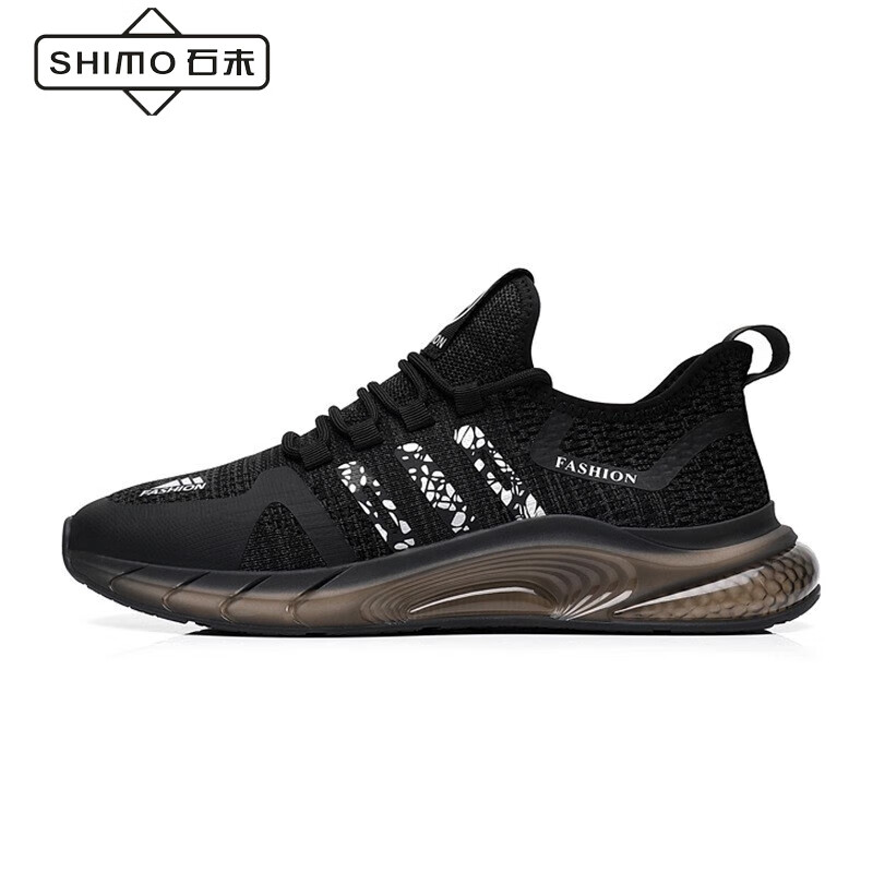 石末（SHIMO）休闲鞋男新款时尚系带运动飞织缓震气垫男士跑鞋 黑银   38