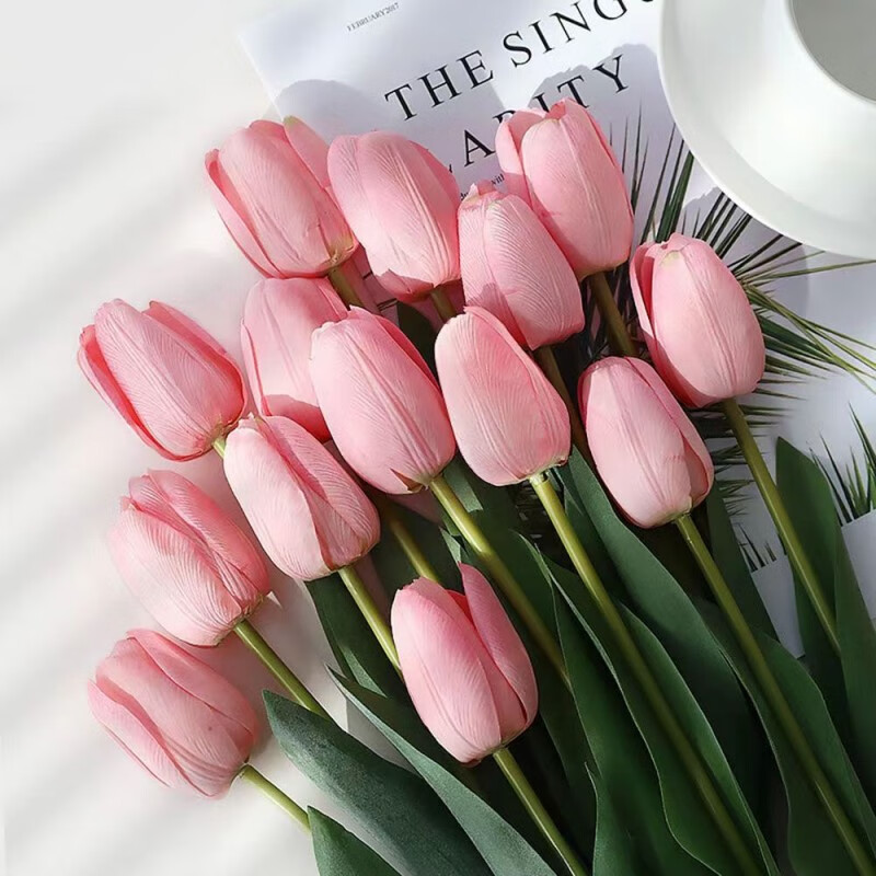 行湘仿真花郁金香假花装饰花艺摆件 仿真郁金香粉色10支【不含瓶】