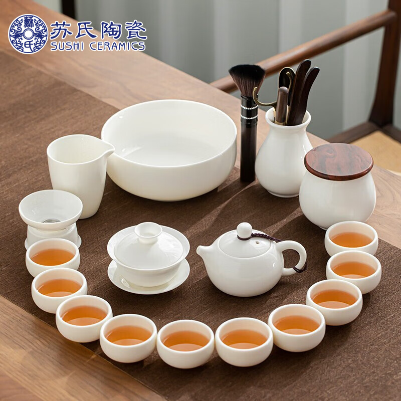 苏氏陶瓷（SUSHI CERAMICS）羊脂玉白瓷功夫茶具套装德化中国白三才盖碗泡茶壶茶洗大套礼盒装