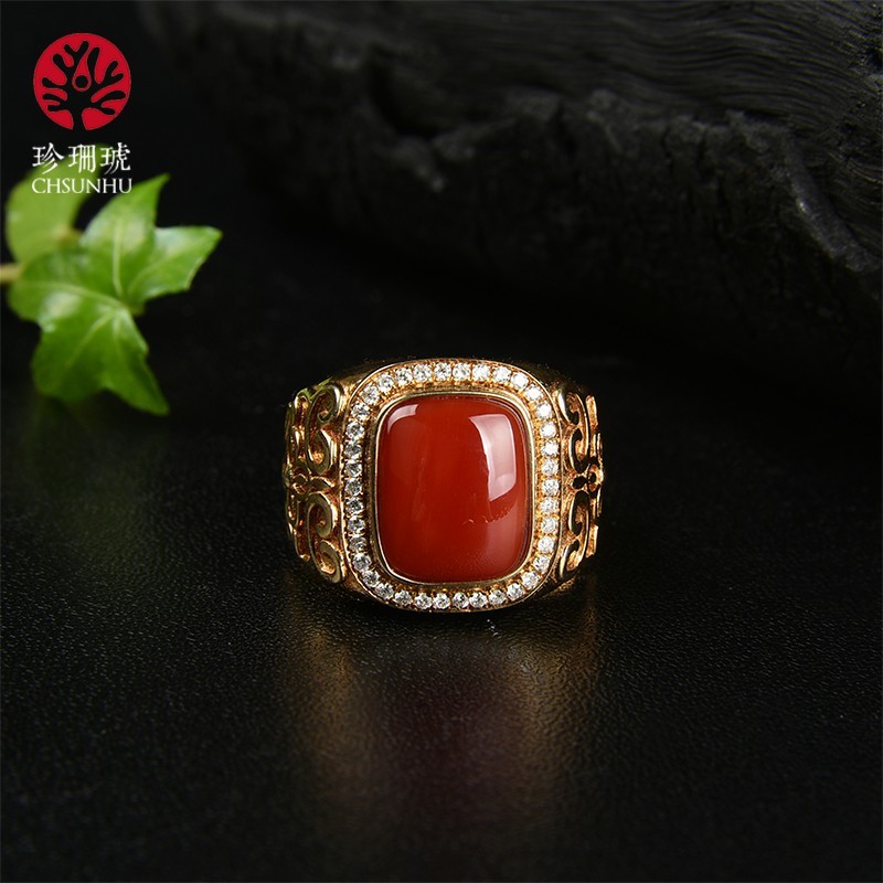 珍珊琥珊瑚男士戒指 镶嵌玫瑰金钻石 个性化私人设计定制专属