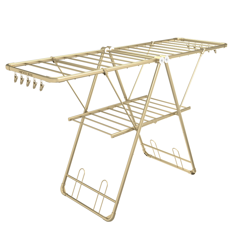好太太晾衣架落地折叠晒衣架折叠挂衣架室内晾衣杆阳台晒被架不锈钢加厚晾晒架晒衣服架翼型免安装挂衣架 【D-2135】香槟金+加大号款