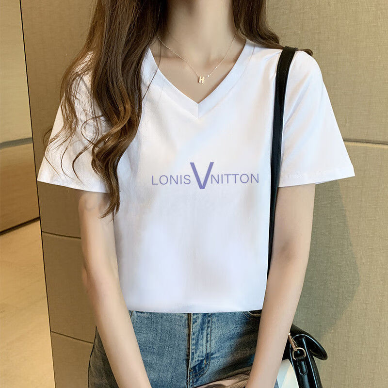 岚杳含棉白色v领正肩t恤夏季短袖女设计感小众新款潮上衣半袖女装