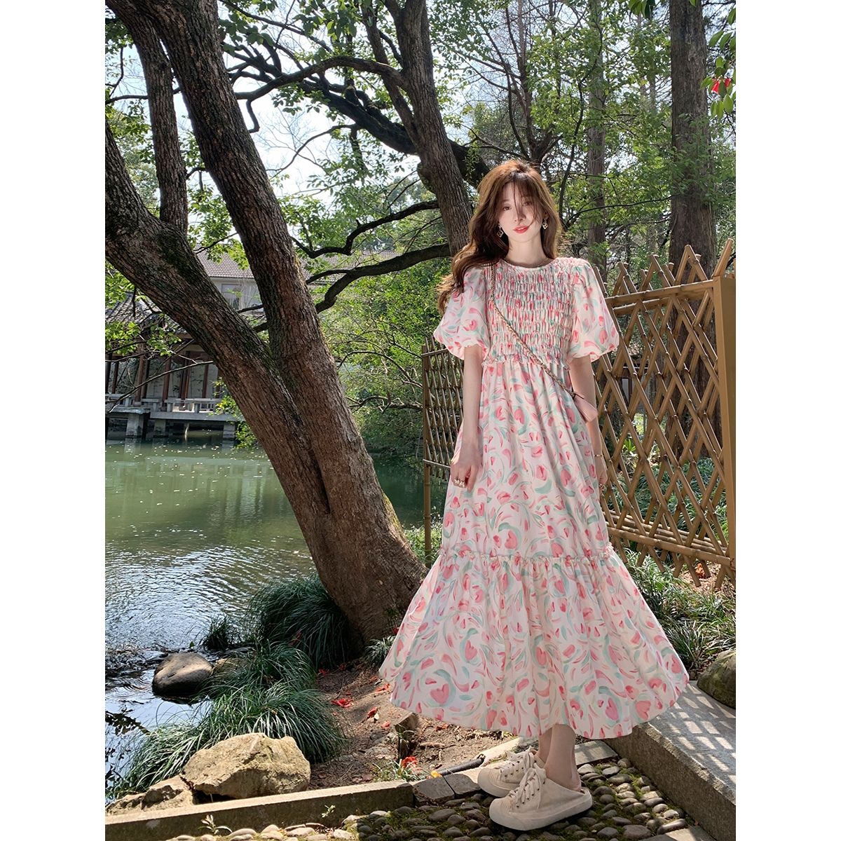 vjwk小清新森系吊带碎花连衣裙夏小个子粉色茶歇法式碎花连衣裙女夏季