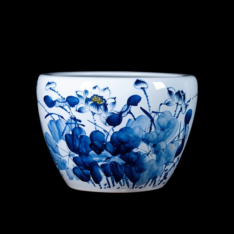 沃狮手绘景德镇陶瓷鱼缸青花瓷缸庭院大号水缸书画缸养睡莲荷花金鱼