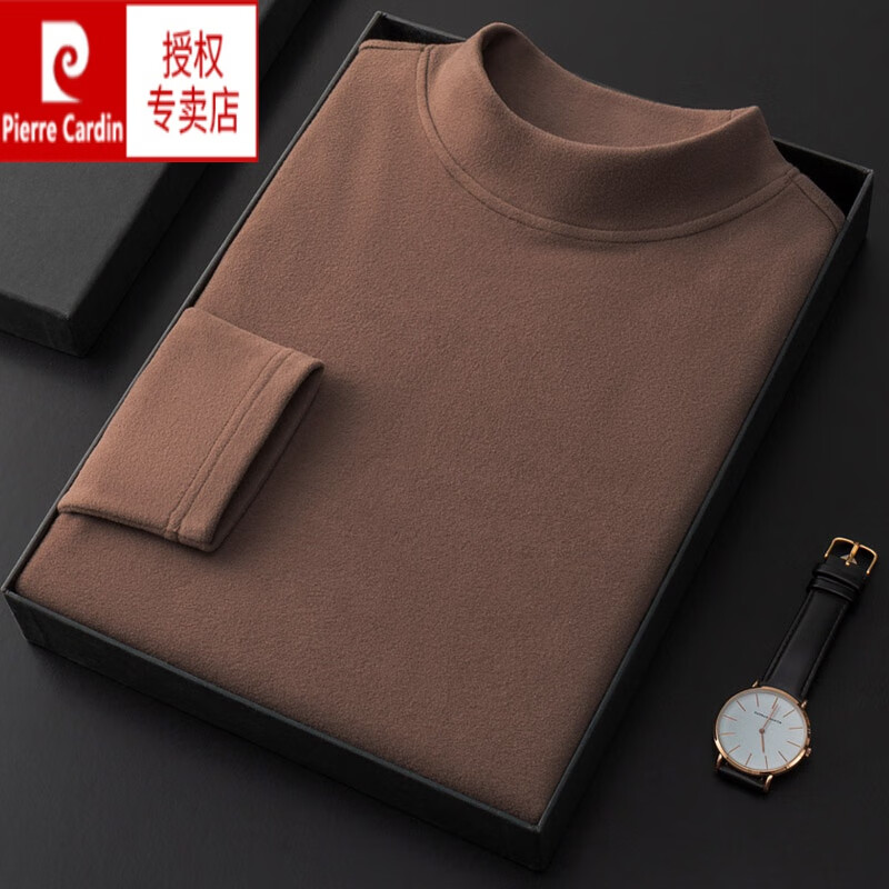 皮尔卡丹德绒打底衫男保暖内搭双面磨毛长袖T恤男秋冬加厚内衣半高领 灰色(半高领) XL【130斤-145斤】