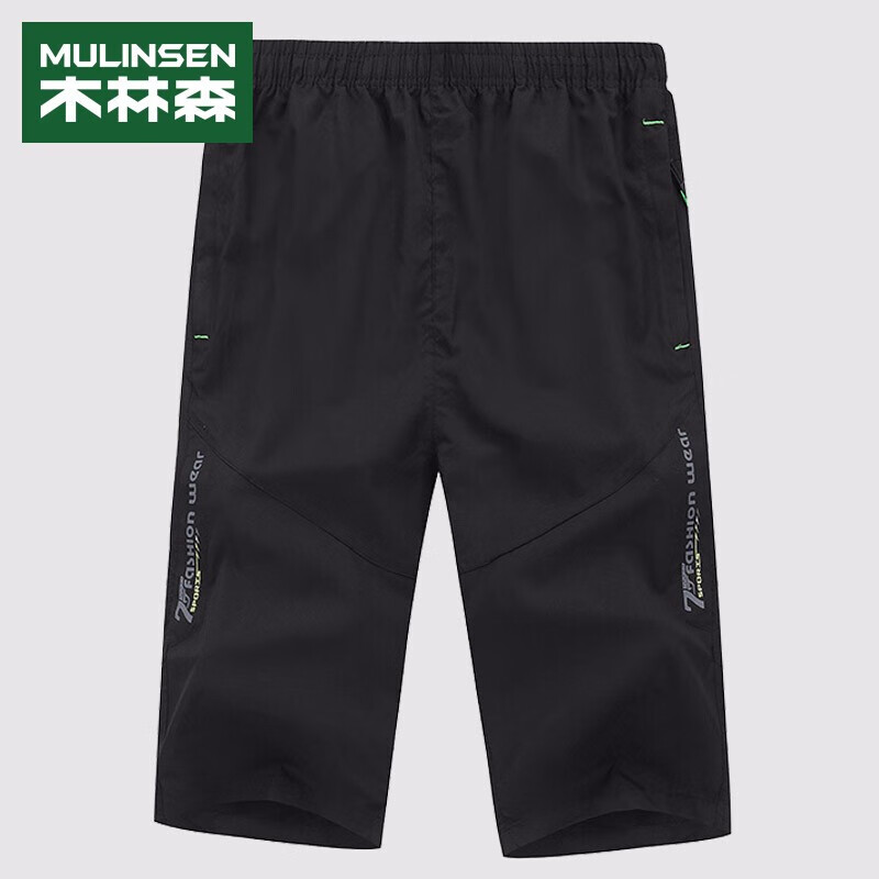 木林森（MULINSEN）短裤男 韩版速干七分裤男宽松百搭松紧运动休闲沙滩裤子 男  13F169100028 黑色 31/XL