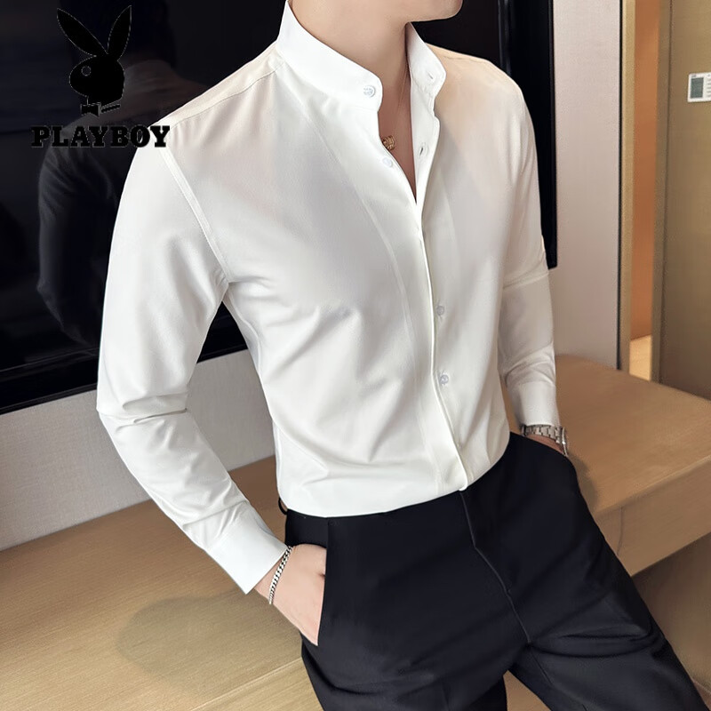 花花公子冰丝垂感弹力男士衬衫立领长袖商务休闲青年衫修身韩版潮流衬衣 白色 L(115-135斤)