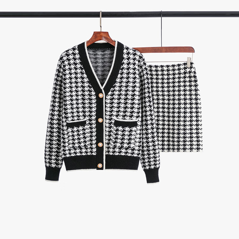 百丽驼美士 balitomms严选小香风千鸟格时尚休闲套装女秋冬季开衫毛衣